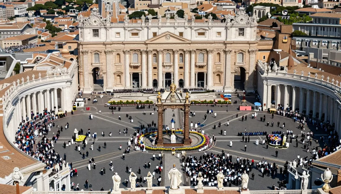 Pope leading Easter Mass at St. Peter's Square in Vatican City with thousands of pilgrims gathered for Easter in Europe 2026