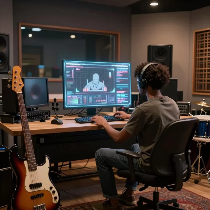 Producer using AI and advanced technology to create funk music in a futuristic studio setting