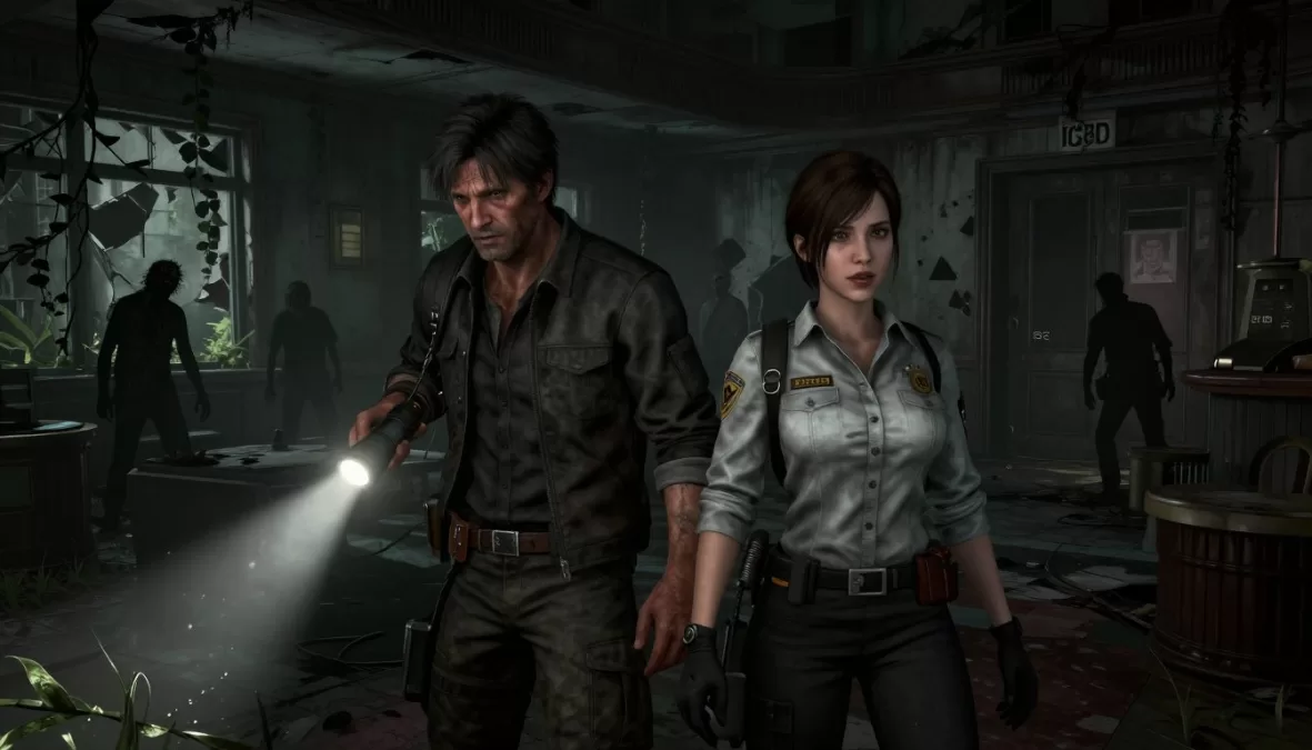 Resident Evil Requiem showing Leon Kennedy and Grace Ashcroft exploring the ruins of Raccoon City
