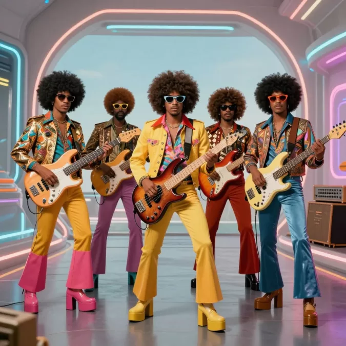Retro-futuristic funk band combining vintage instruments with futuristic technology