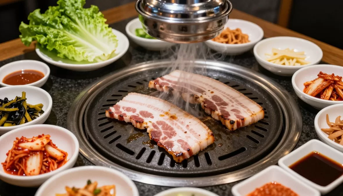 Samgyeopsal Korean BBQ pork belly being grilled at table