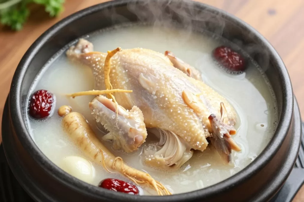 Samgyetang ginseng chicken soup in a stone pot