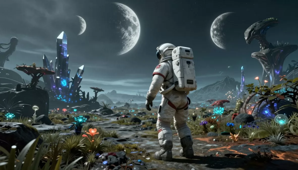 Saros featuring a space explorer on the alien planet Carcosa with shape-shifting terrain