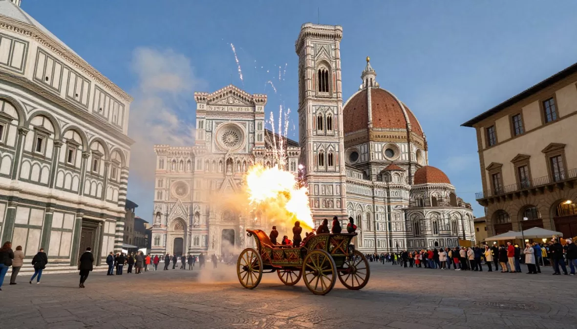 Scoppio del Carro (Explosion of the Cart) ceremony in Florence's Duomo Square with decorated cart and fireworks for Easter in Europe 2026