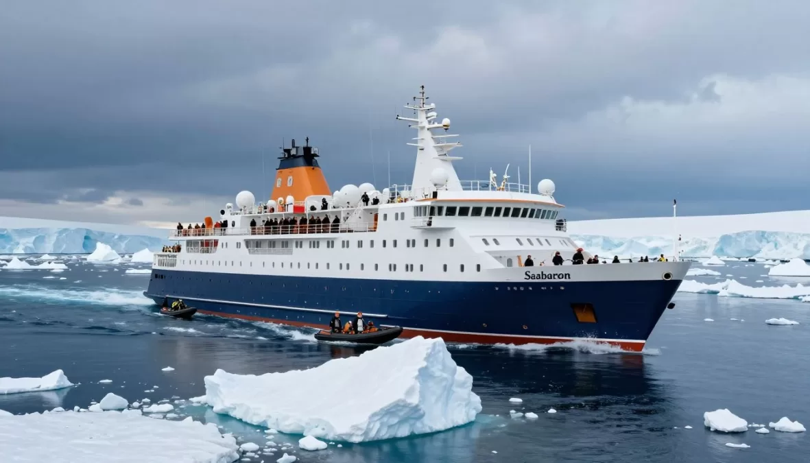 Seabourn Venture expedition ship navigating through ice floes