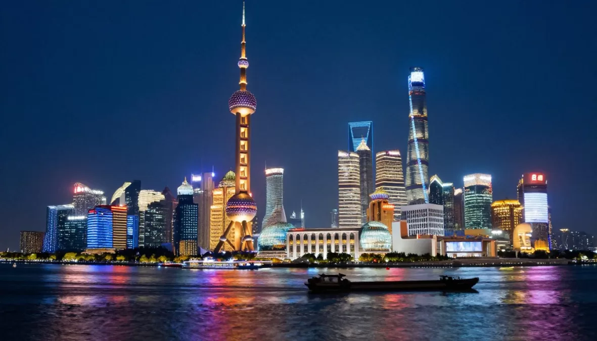 Shanghai's futuristic Pudong skyline with the Oriental Pearl Tower and Shanghai Tower, showing China's financial center