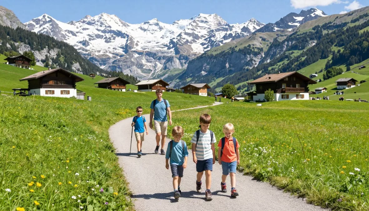 Swiss family enjoying outdoor activities in Alpine setting