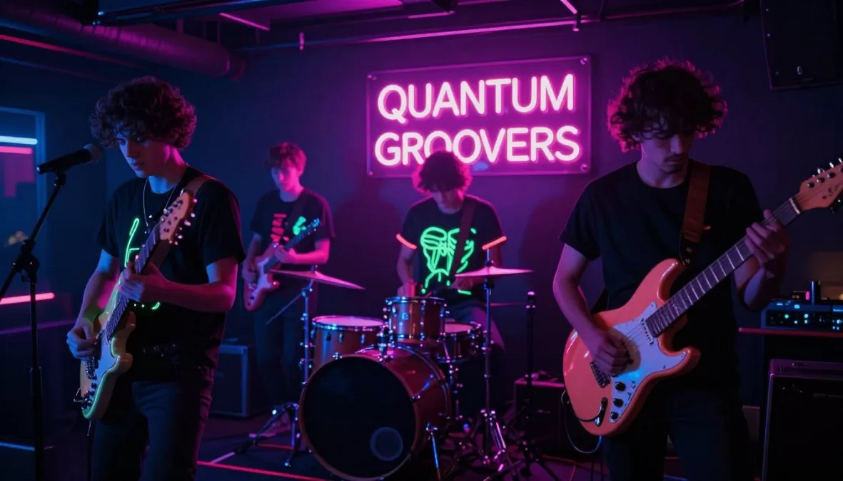 The Quantum Groovers performing in a neon-lit venue with synchronized light show
