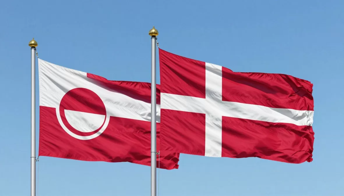 The flags of Greenland and Denmark flying together, symbolizing their political relationship
