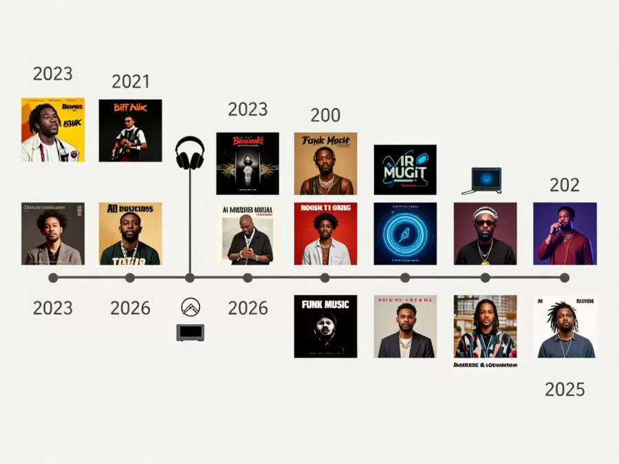 Timeline showing the evolution of funk music from traditional to future funk styles, highlighting the top 10 funk songs 2026 trend