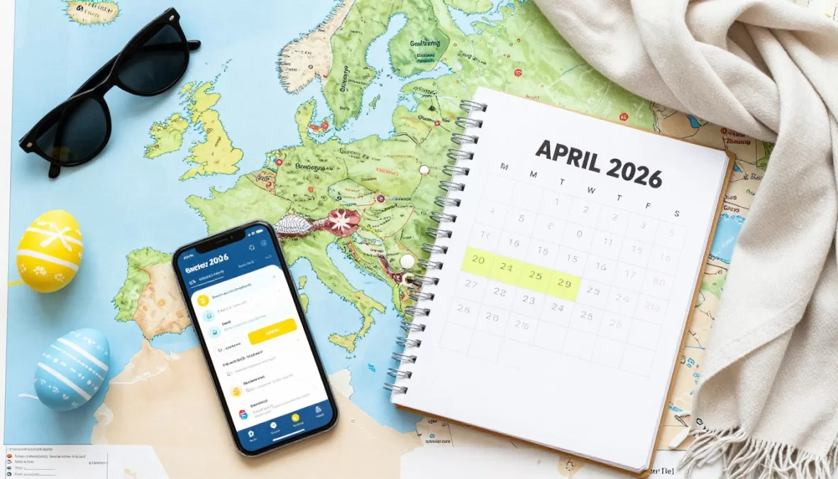 Travel planning scene with map of Europe, calendar showing Easter 2026 dates, and spring travel essentials