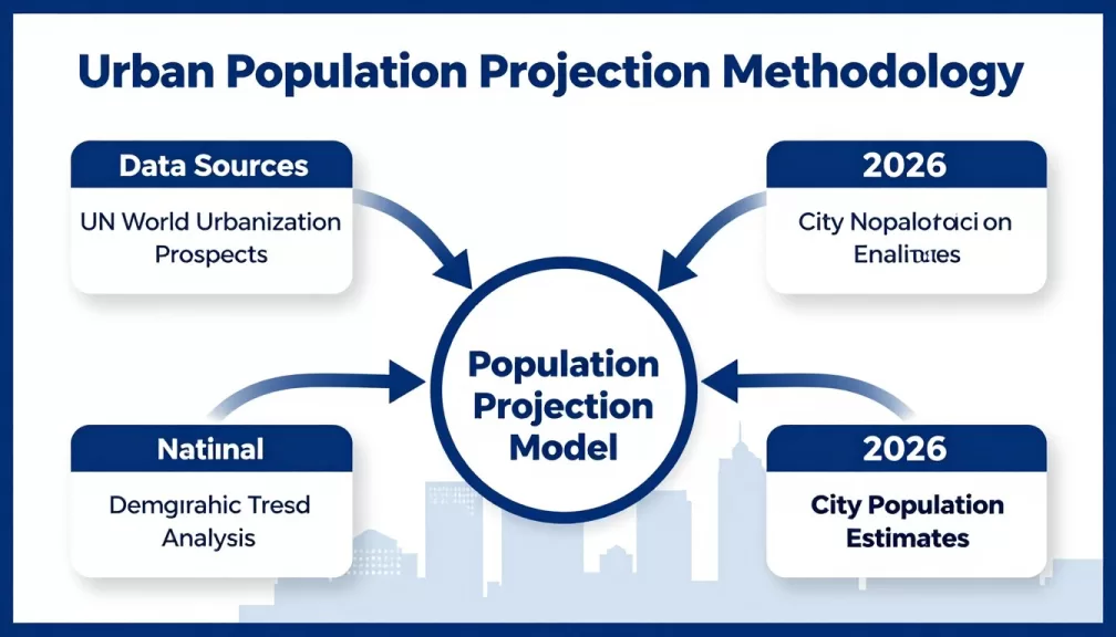 Urban population growth methodology chart showing data sources and projection methods for 2026 city population estimates