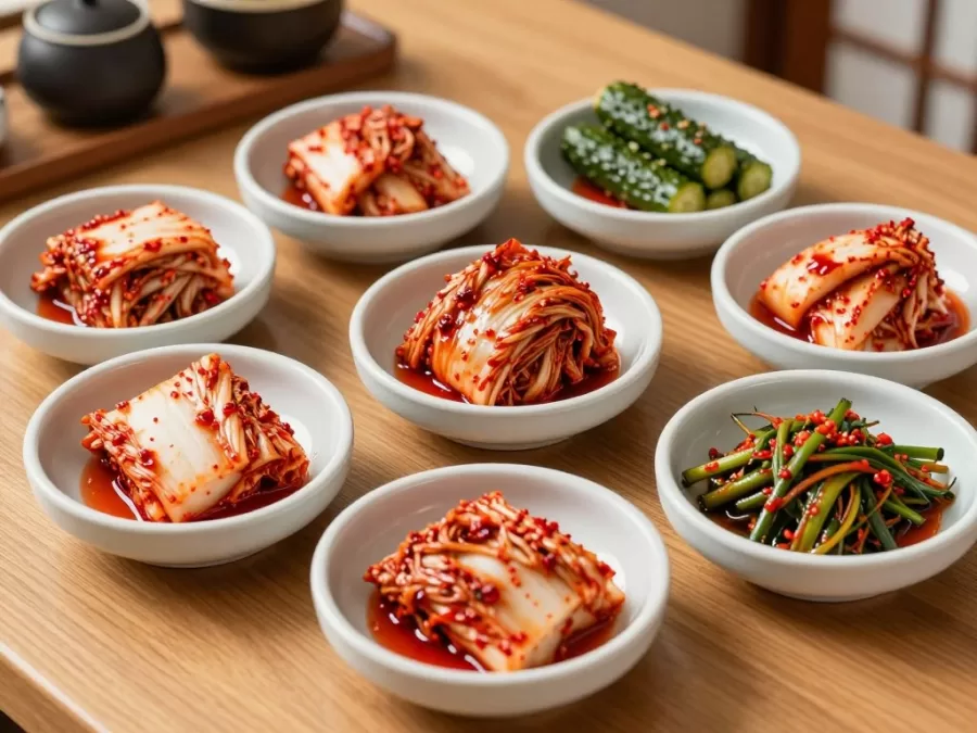 Various types of kimchi in traditional Korean pottery