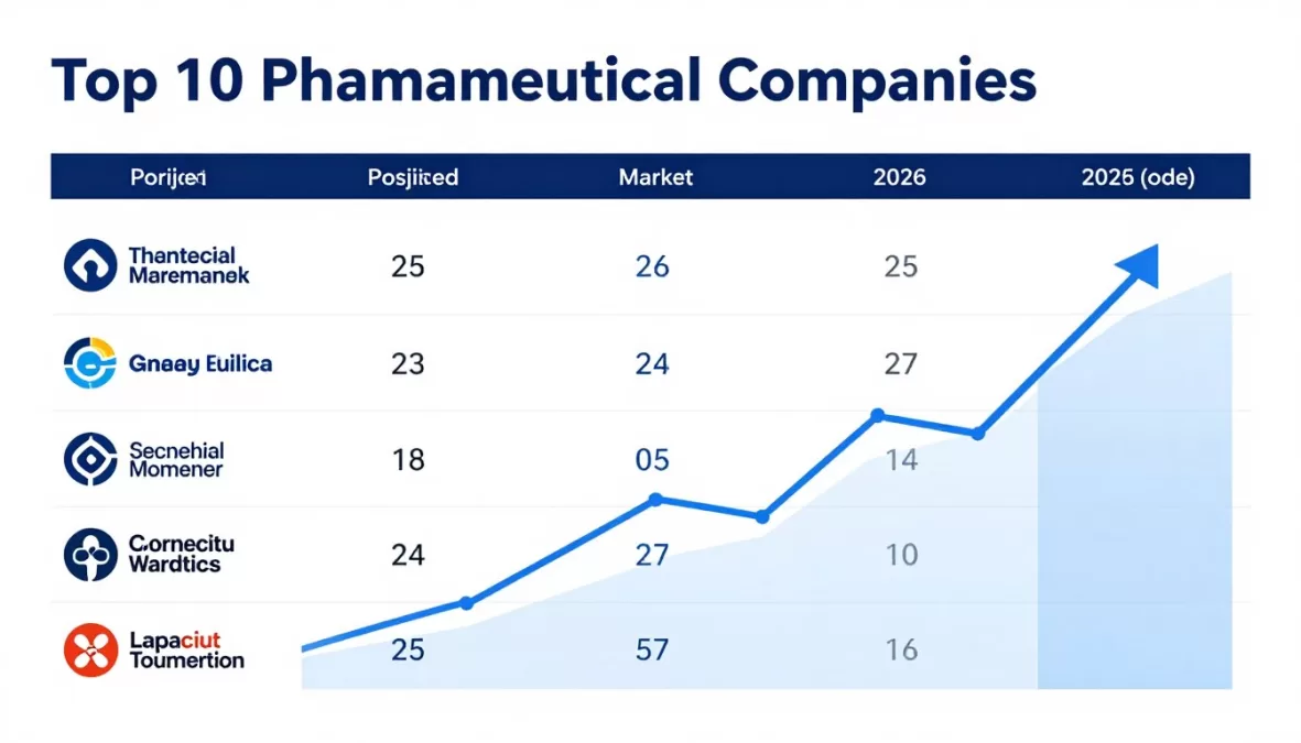 Visual ranking of top 10 pharmaceutical companies in world 2026 showing market position