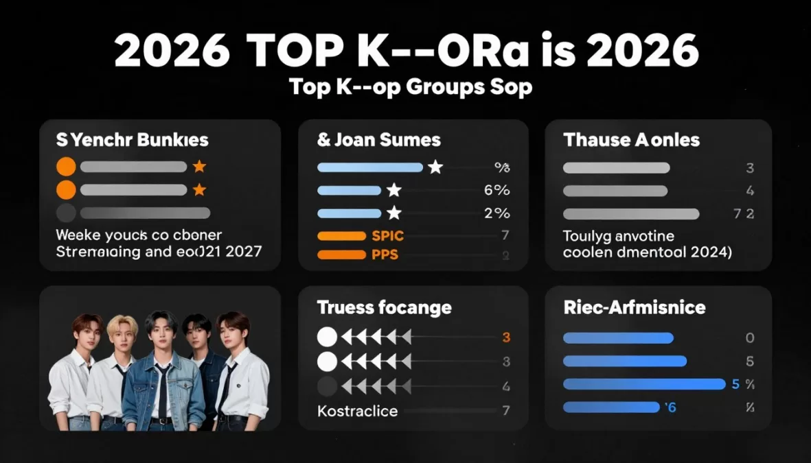 Visual representation of criteria used to predict top 10 kpop groups 2026 including charts, global influence metrics, and streaming data