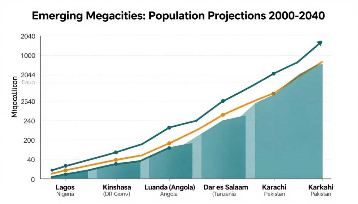 Visual representation of urban growth trends showing population projections for emerging megacities beyond 2026