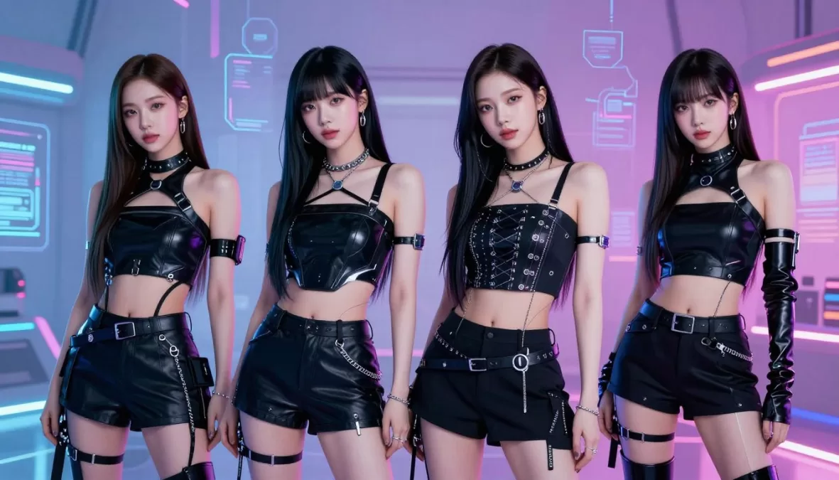 aespa showcasing their futuristic concept with AI elements, positioned at #9 in top 10 kpop groups 2026