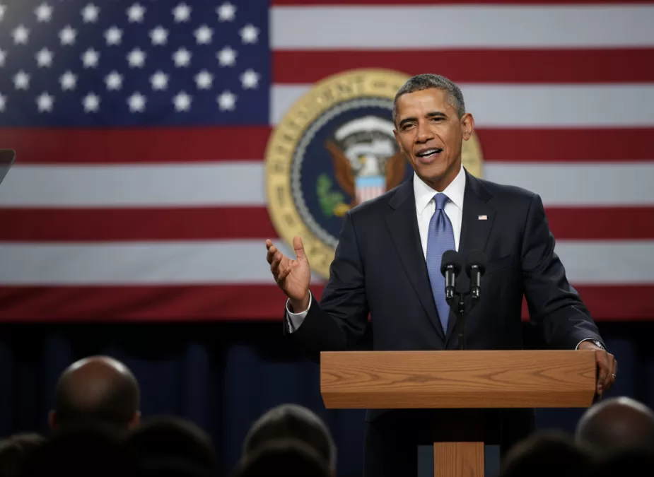 Barack Obama giving a speech at a podium with an American flag in the background