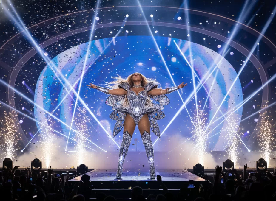Beyoncé performing on stage during a concert with dramatic lighting