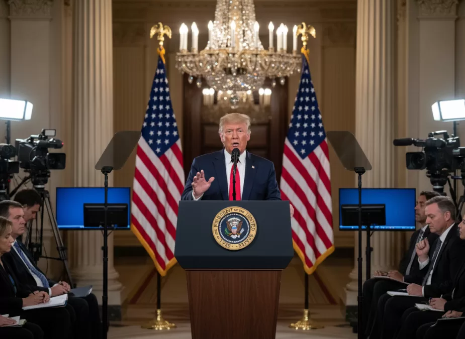 Donald Trump at presidential podium addressing nation in 2026