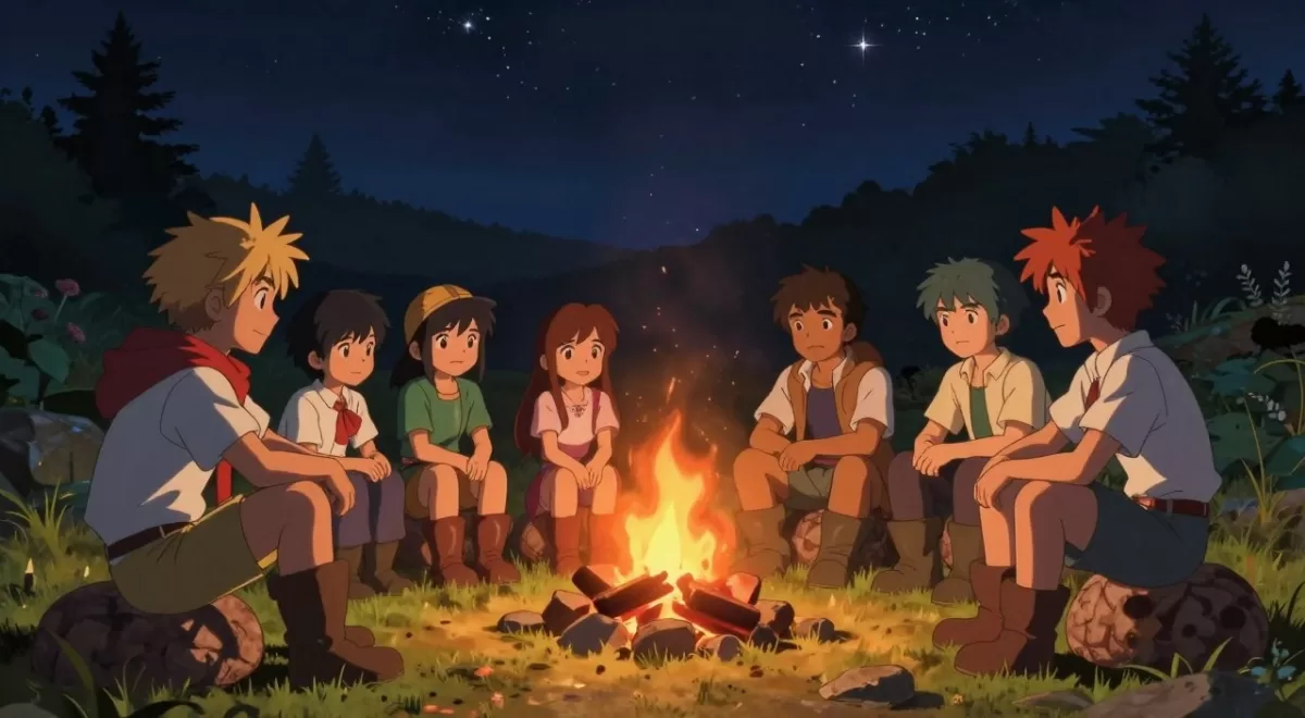 Dragon Quest VII party gathered around campfire at night
