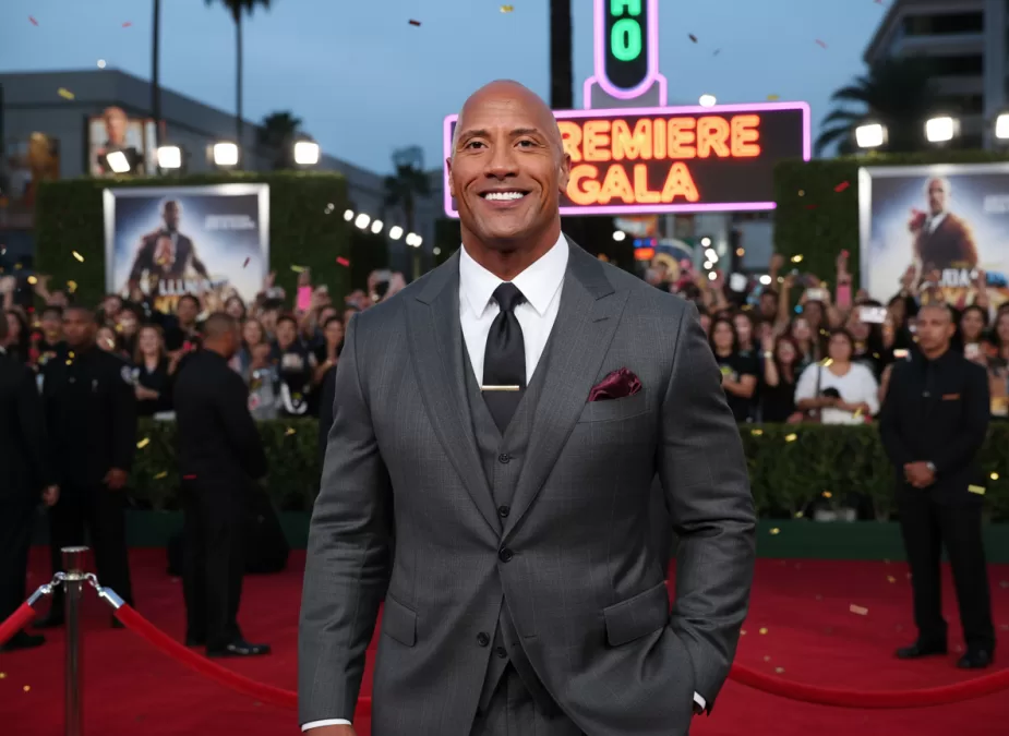 Dwayne Johnson at a movie premiere smiling at the camera