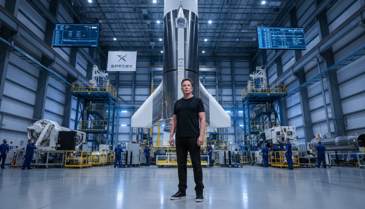 Elon Musk at SpaceX facility with rocket in background