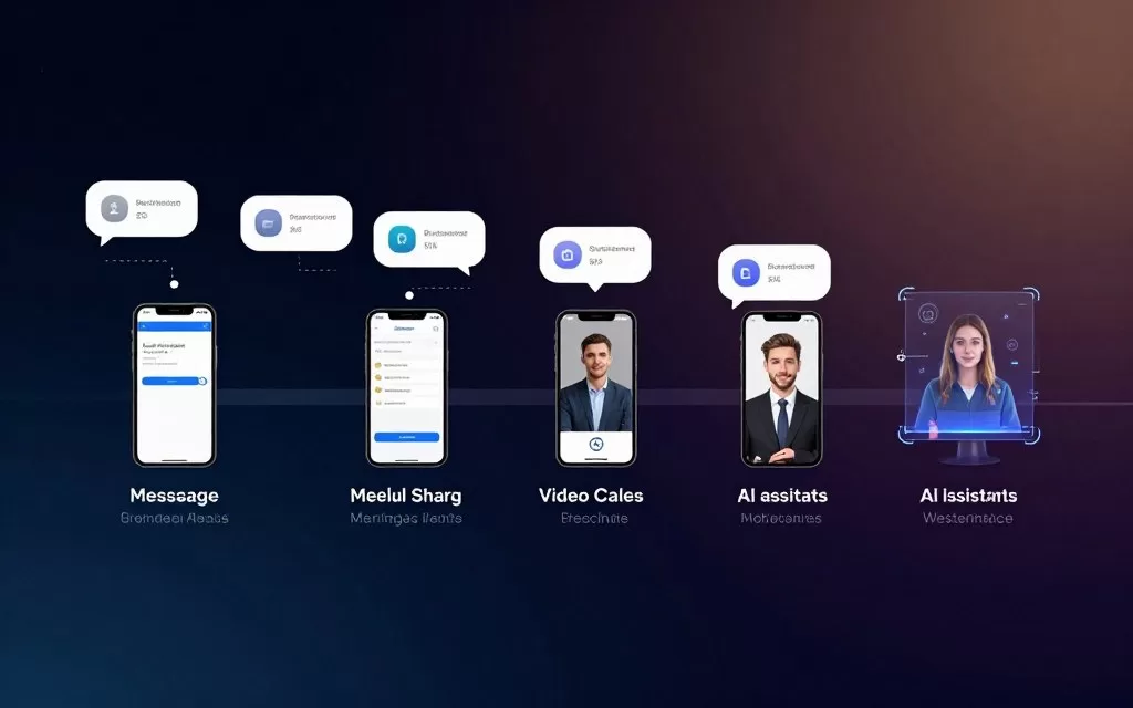Evolution timeline of messaging app features from basic SMS to AI-powered platforms