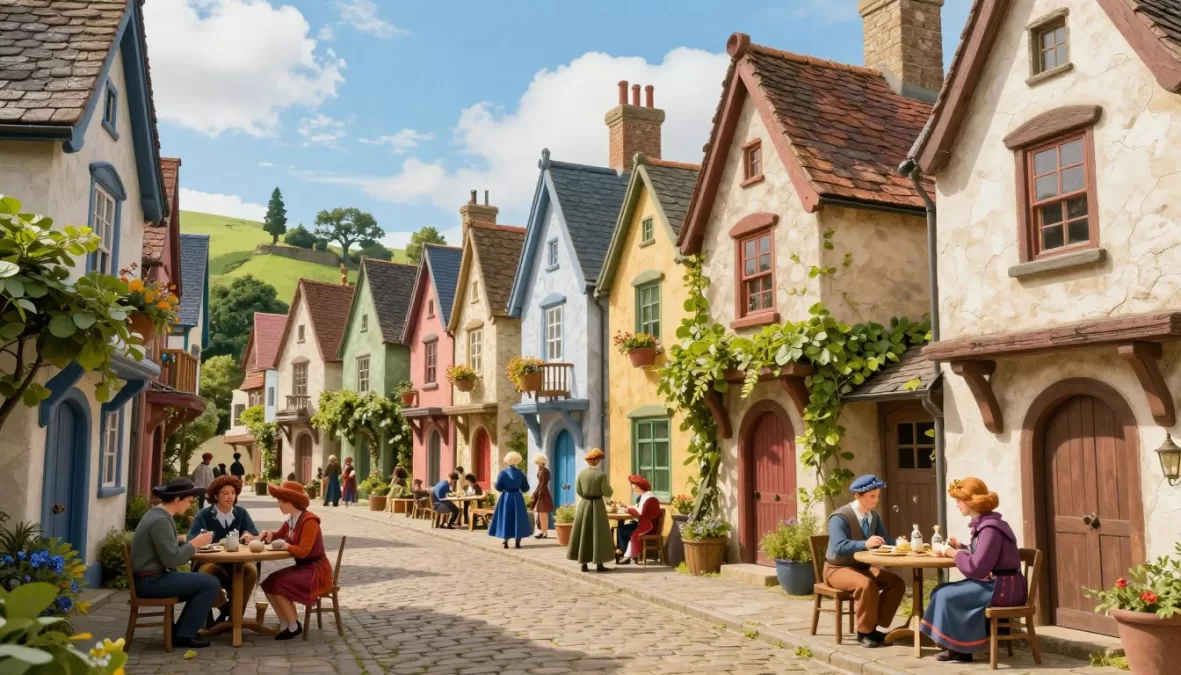 Fable showing whimsical fantasy village with colorful characters