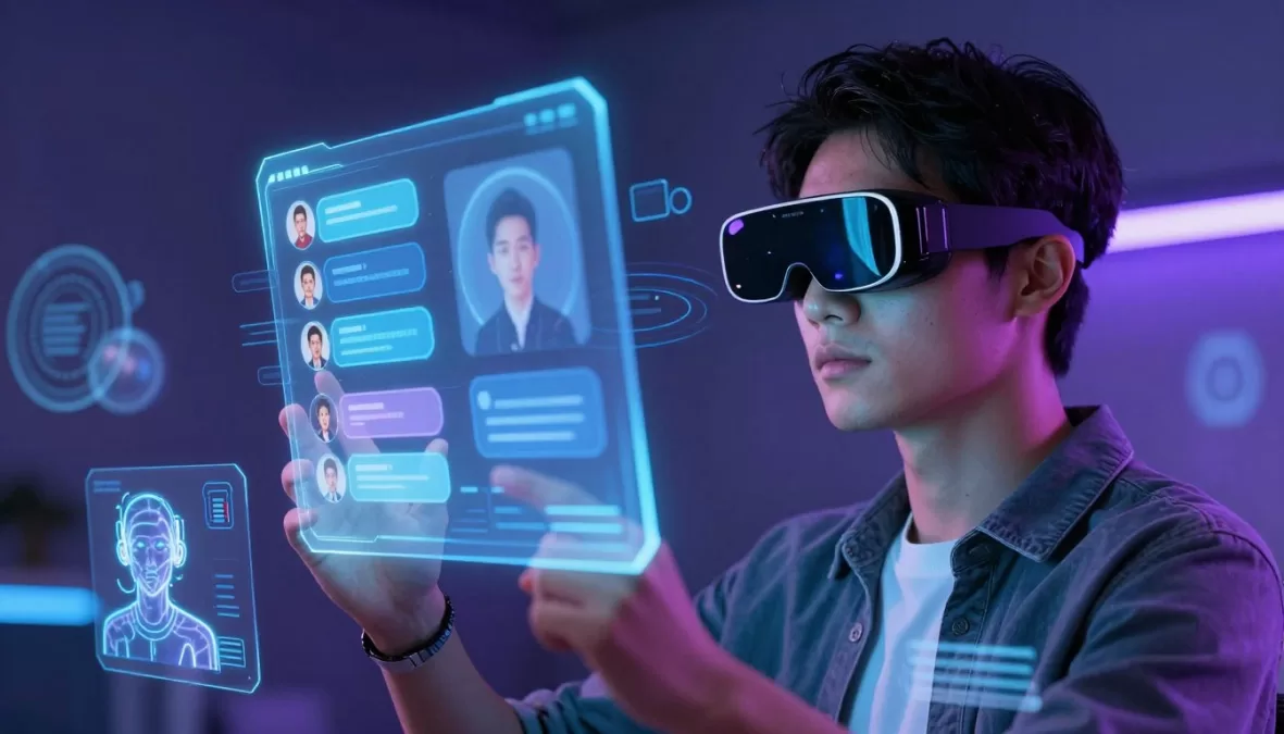 Futuristic concept of messaging through AR glasses and holographic interfaces