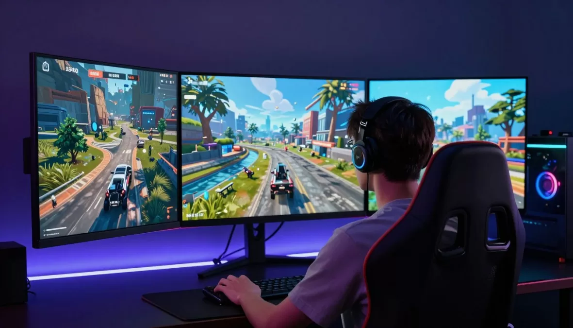 Futuristic gaming setup looking toward bright monitor displaying game worlds