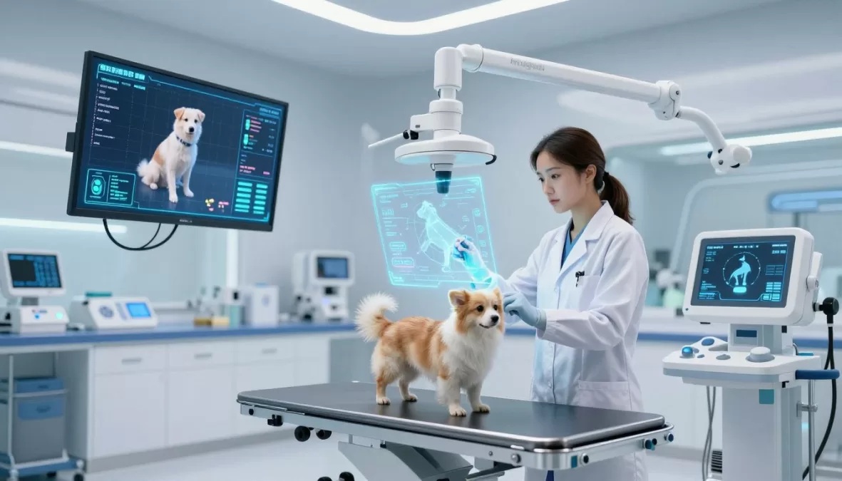 Futuristic veterinary technology showing AI diagnostics and telemedicine for pet insurance innovation 2026