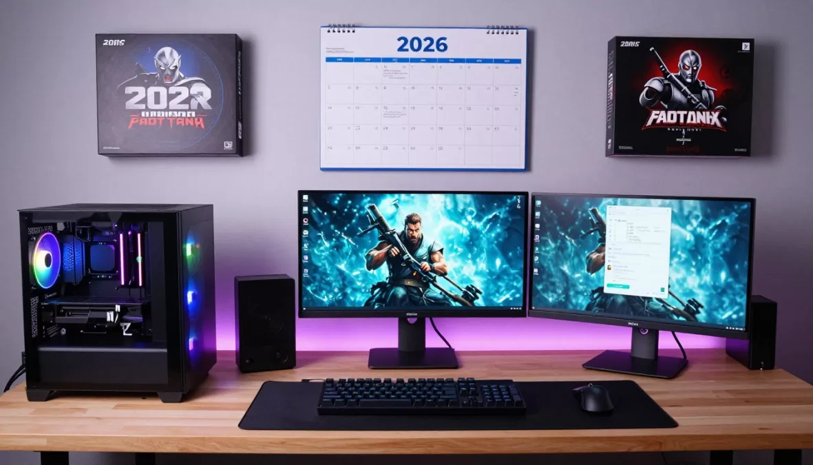 Gaming setup showing PC, calendar, and multiple game boxes