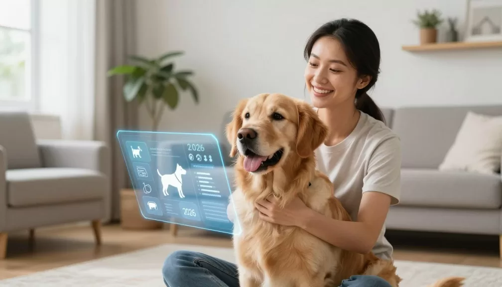 Happy pet owner holding golden retriever with digital insurance interface overlay showing 2026 top pet insurance companies