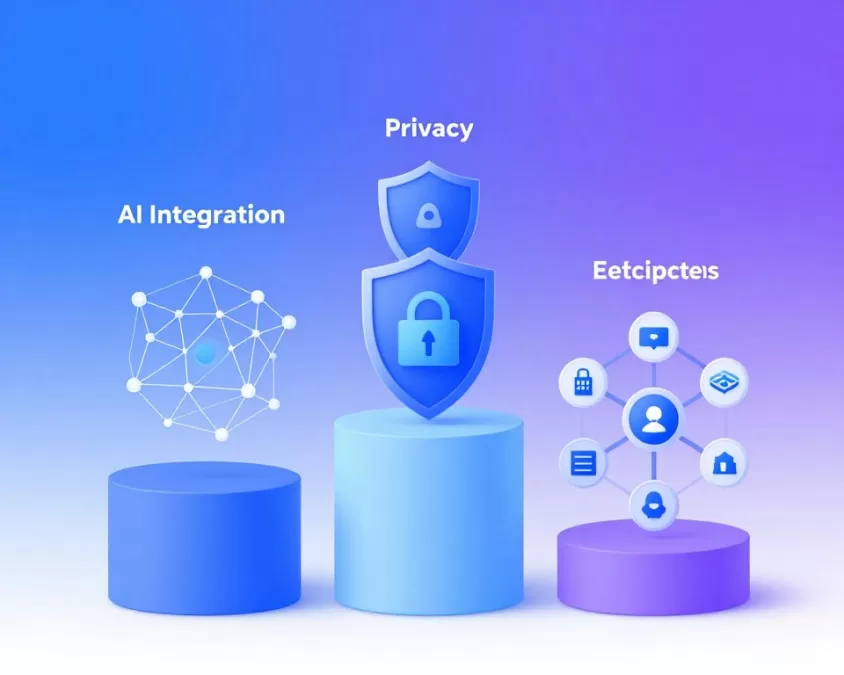 Infographic showing key messaging app trends including AI, privacy, and super-app features