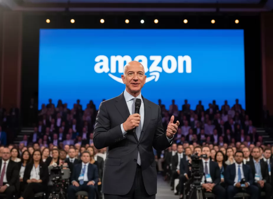 Jeff Bezos speaking at a business conference with Amazon logo visible