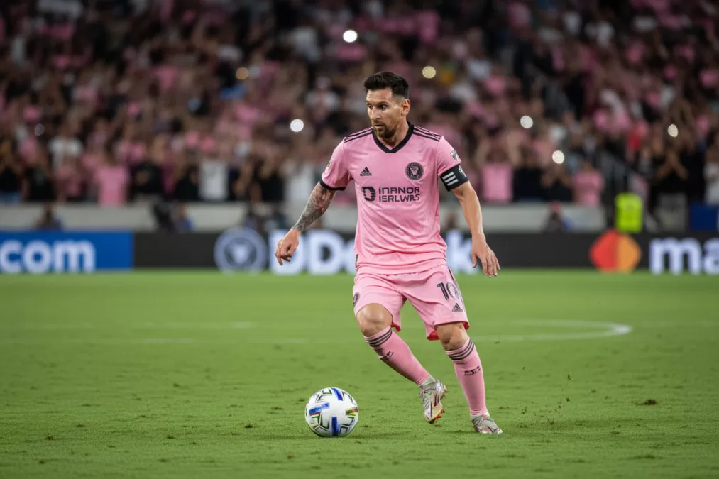 Lionel Messi in Inter Miami pink jersey dribbling soccer ball