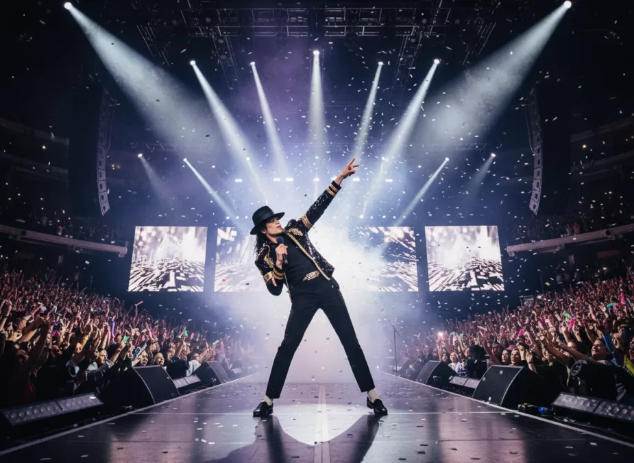 Michael Jackson performing his iconic dance moves on stage
