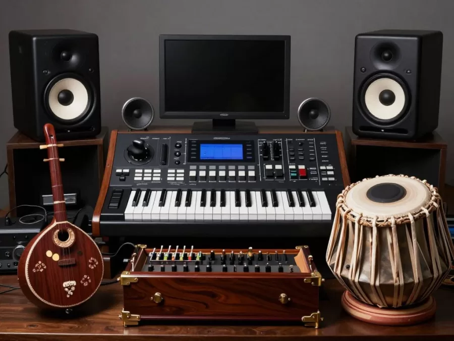 Modern music production equipment and traditional Indian instruments