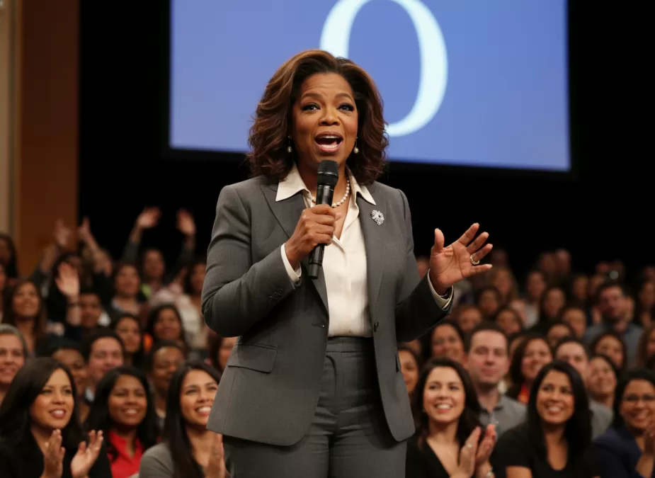 Oprah Winfrey speaking at a public event with a microphone in hand