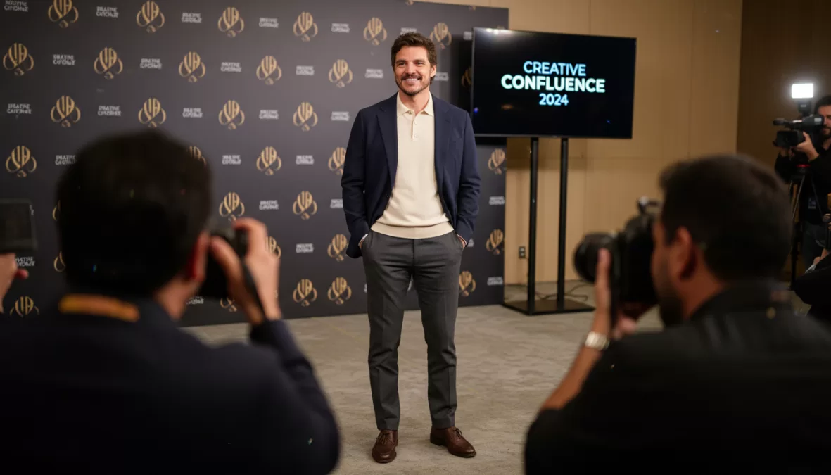 Pedro Pascal at television press event smiling warmly at camera