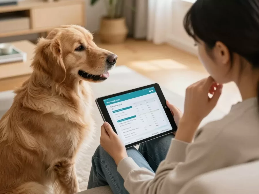 Pet owner reviewing pet insurance options on tablet with dog beside them showing decision-making process