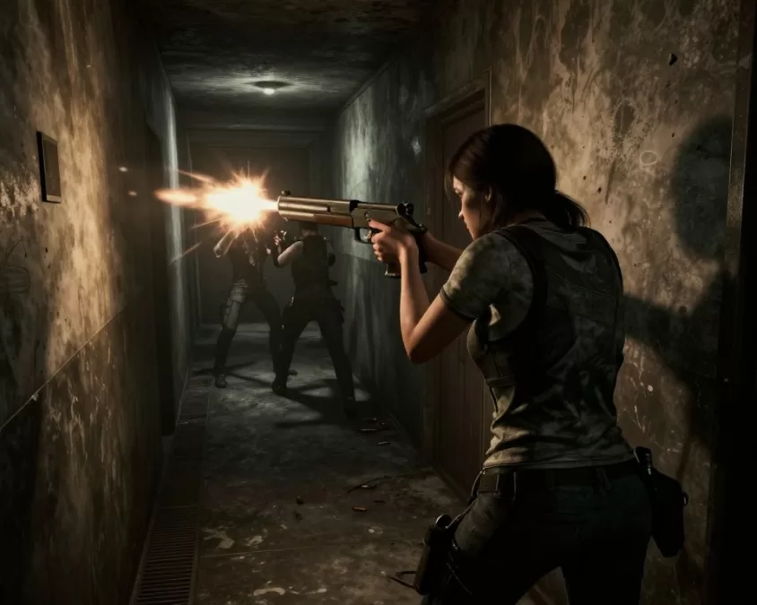 Resident Evil Requiem combat encounter with multiple enemies