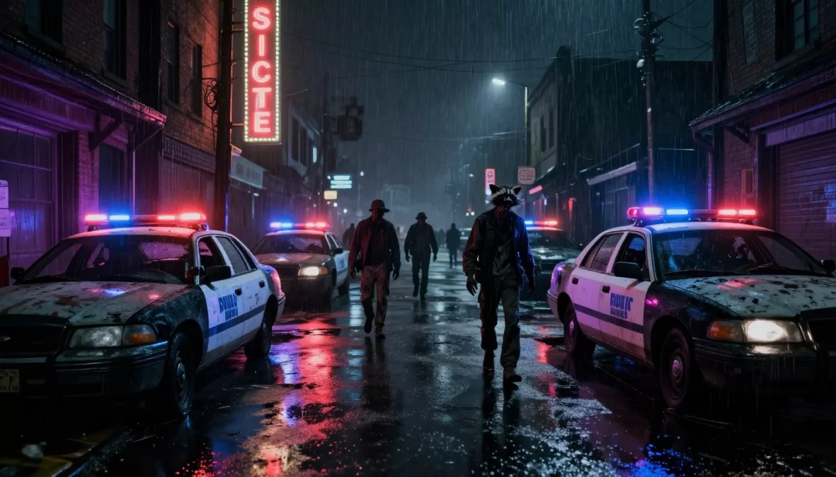 Resident Evil Requiem showing Raccoon City streets at night with zombies