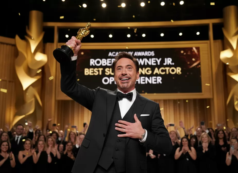 Robert Downey Jr. accepting an Academy Award on stage