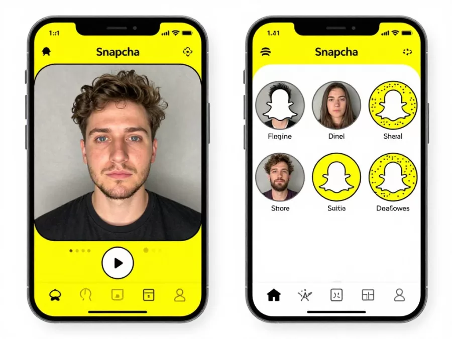 Snapchat interface showing AR lenses and ephemeral messaging