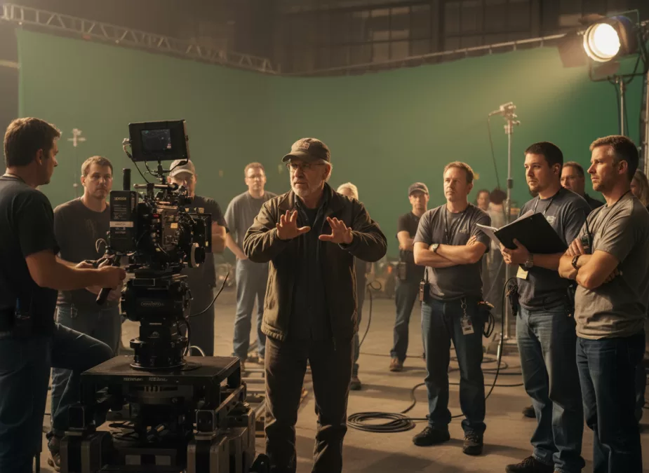 Steven Spielberg directing on a film set with camera equipment visible