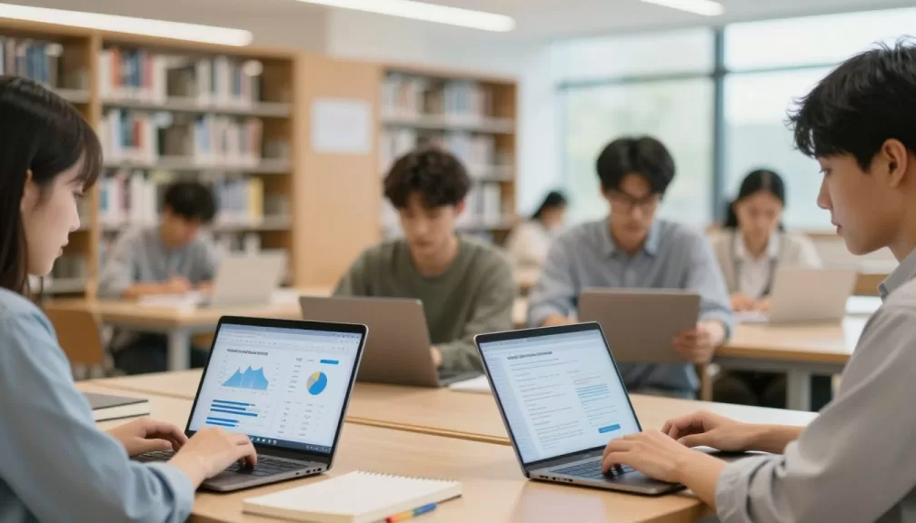 Students researching most in-demand bachelor's degrees 2026 on laptops in modern library