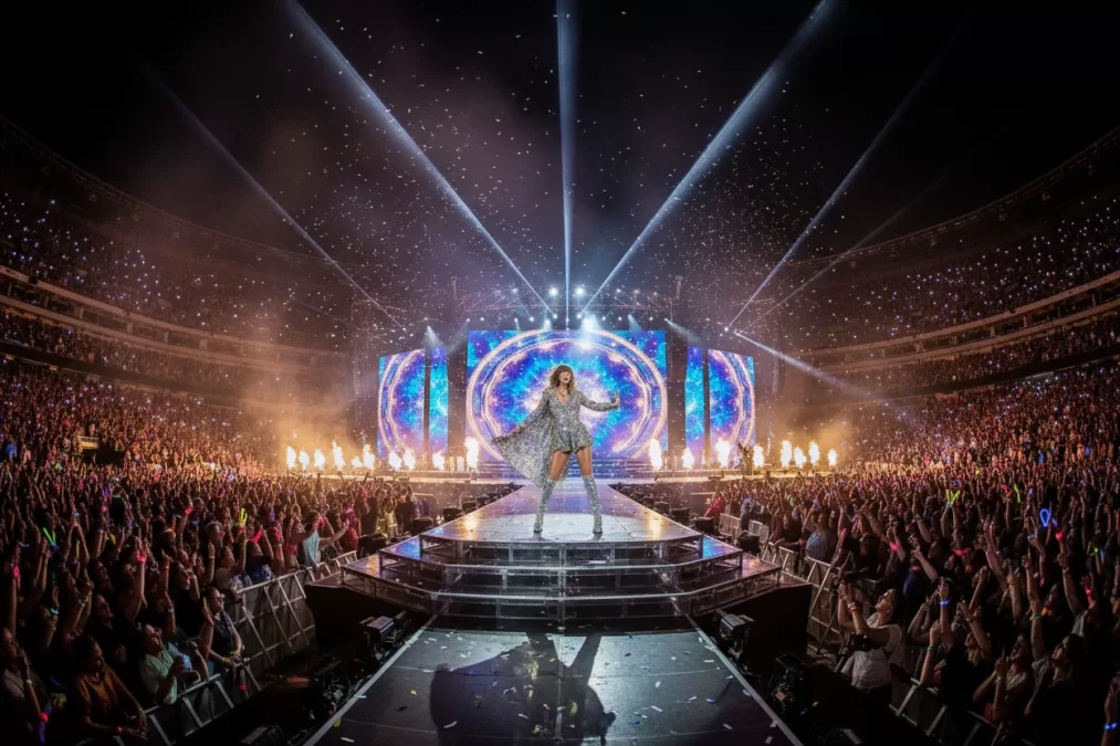 Taylor Swift performing on stage during Eras Tour 2026