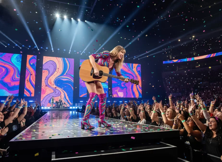 Taylor Swift performing on stage with a guitar during her Eras Tour